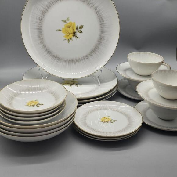 Sango Dawn Gold Trim Yellow Rose Dinnerware Set 23-Pc Set 1950's